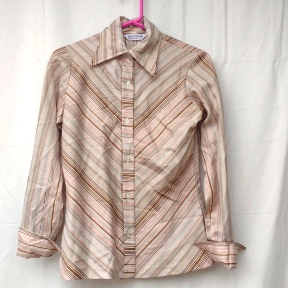 Vintage Alice Stuart Striped Tan Blouse M